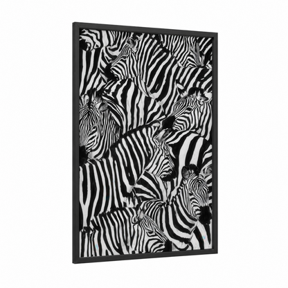 Striped Herd framed zebra print — black wood frame — black and white palette