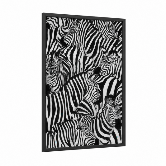 Striped Herd framed zebra print — black wood frame — black and white palette
