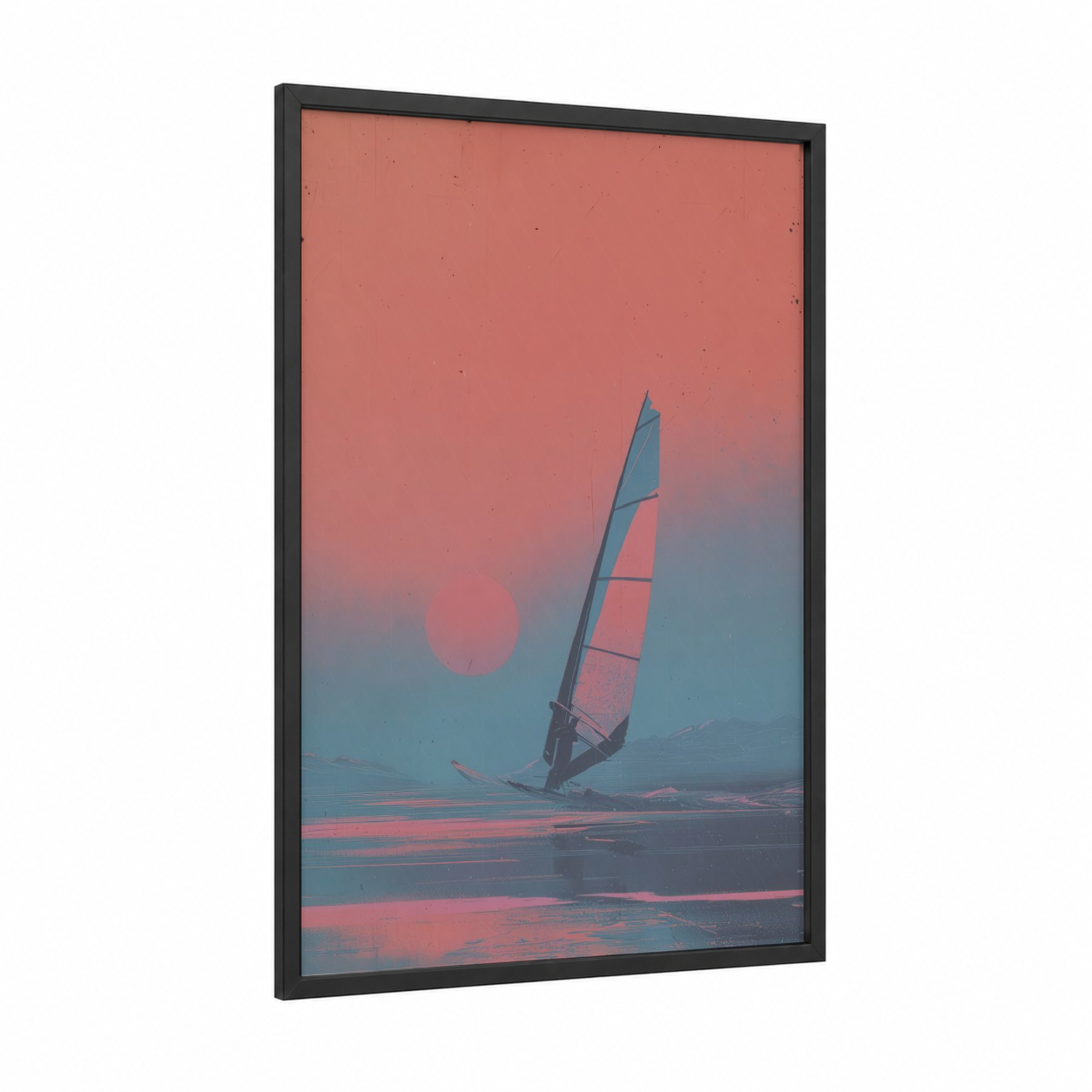 Sunset Windsurfing framed art print — black wood frame — salmon pink and blue palette