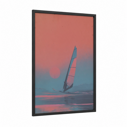 Sunset Windsurfing framed art print — black wood frame — salmon pink and blue palette