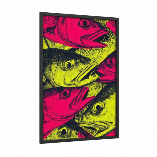 Neon Snook Trio framed art print — black wood frame — magenta and yellow gold palette
