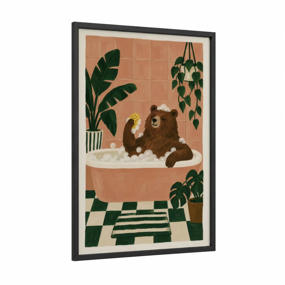 Bear Bath Time Tropical Bathroom Wall Art framed art print — black wood frame — peach and true green palette