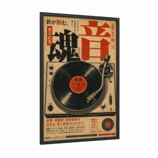 Vintage Japanese Turntable Wall Art framed vinyl records print — black wood frame — beige and red palette