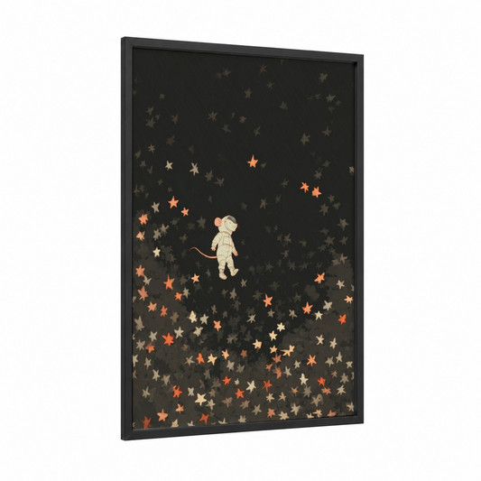 Stargazing Mouse framed mice print — black wood frame — black and gold palette