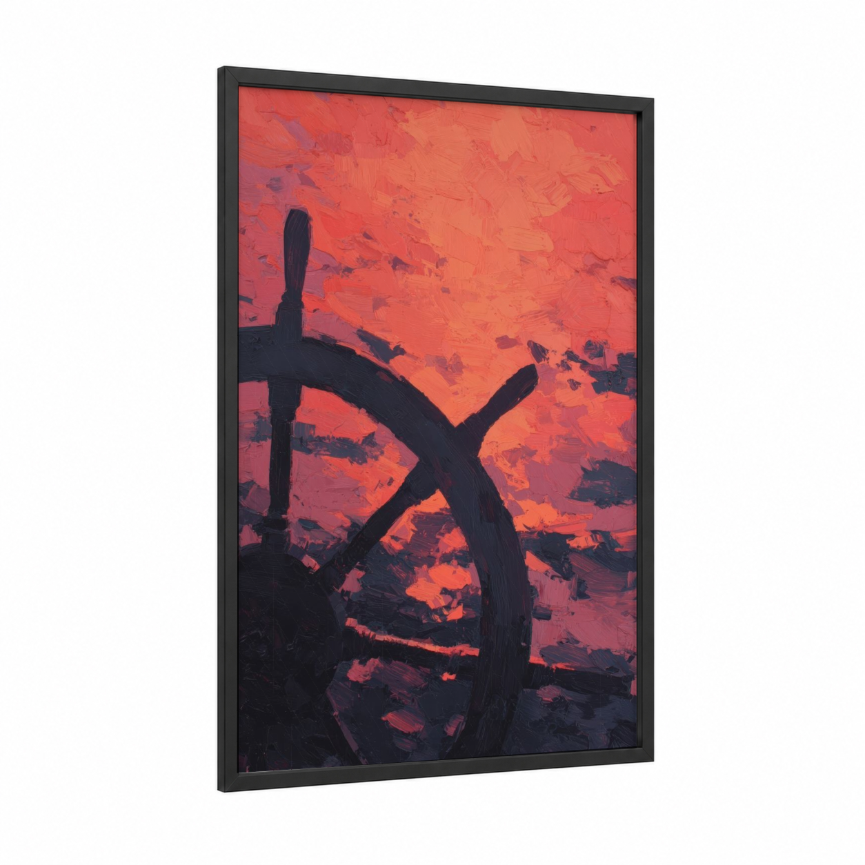 Crimson Shipwheel framed art print — black wood frame — red and orange palette
