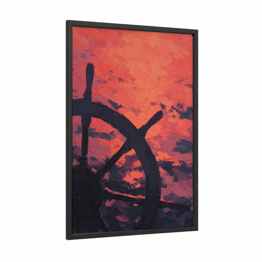 Crimson Shipwheel framed art print — black wood frame — red and orange palette