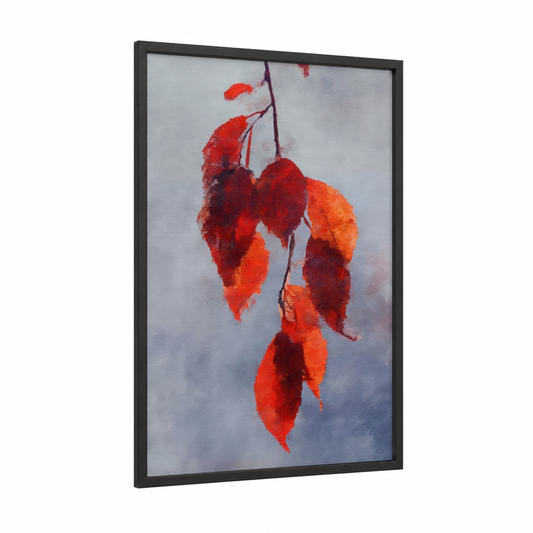 Crimson Birch Leaves framed birch tree print — black wood frame — red and orange palette