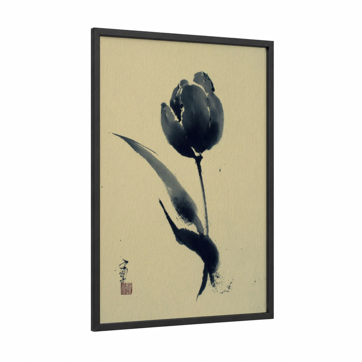 Midnight Tulip framed art print — black wood frame — cream and black palette