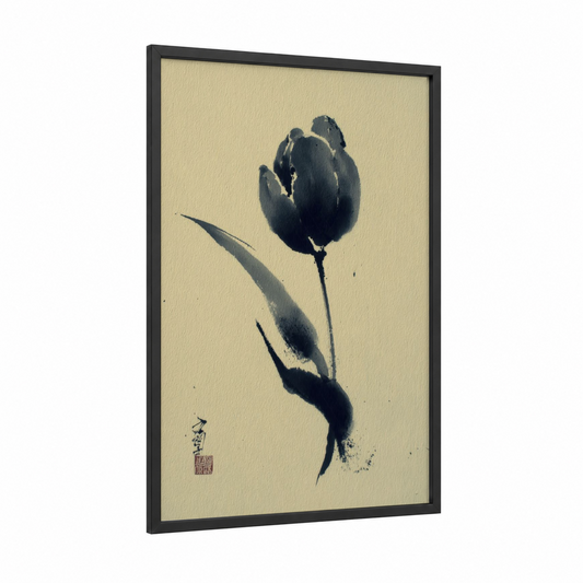 Midnight Tulip framed art print — black wood frame — cream and black palette