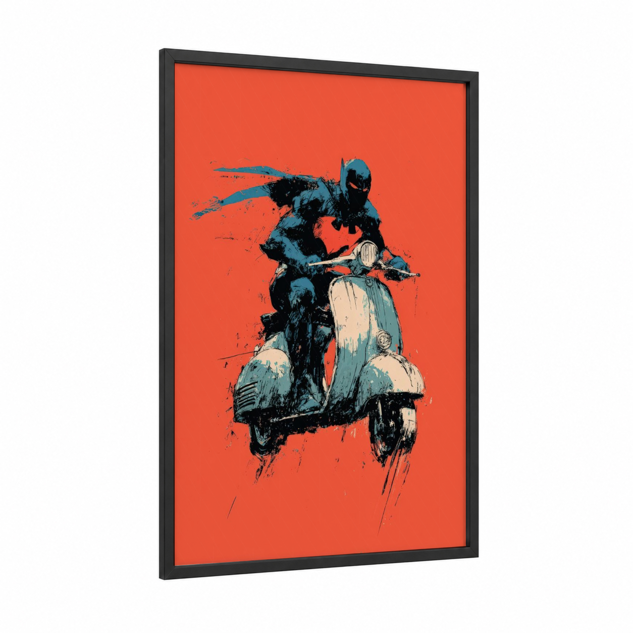 Urban Rider framed scooter print — black wood frame — orange and blue palette