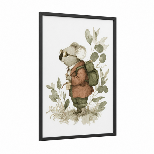 Adventurous Koala framed art print — black wood frame — sage green and brown palette