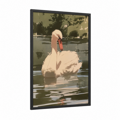 Graceful Swan Float framed art print — black wood frame — cream and sage green palette
