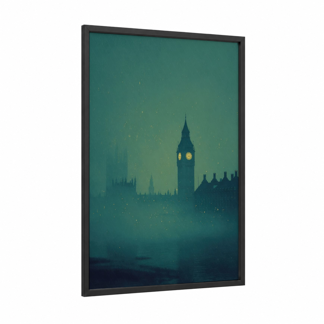 Misty Big Ben framed art print — black wood frame — teal and dark blue palette