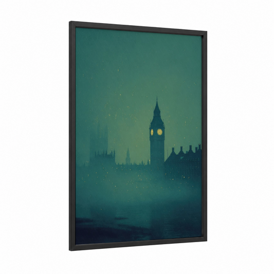 Misty Big Ben framed art print — black wood frame — teal and dark blue palette