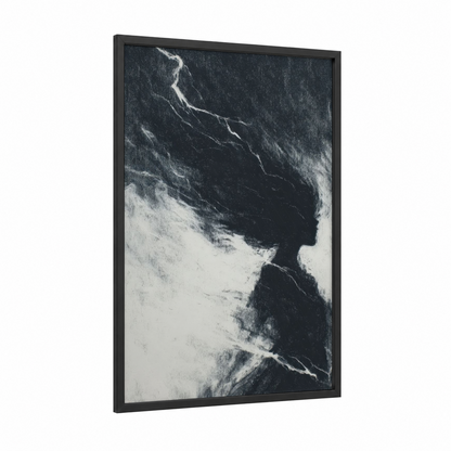 Windswept Flow framed hair print — black wood frame — black and white palette