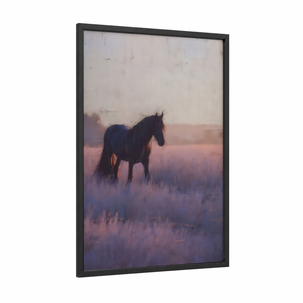 Misty Friesian framed friesian horse print — black wood frame — lavender and peach palette
