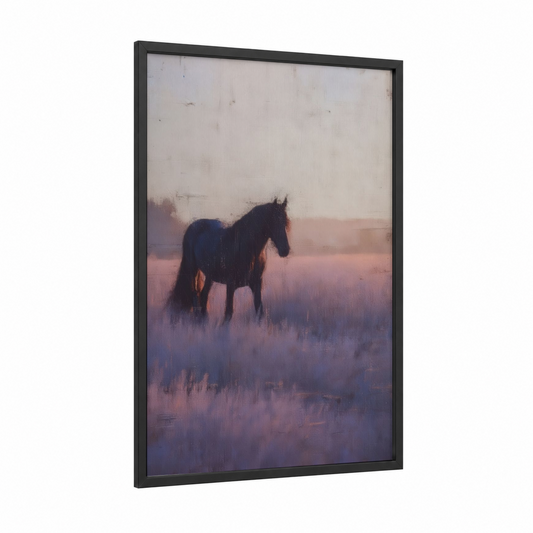 Misty Friesian framed friesian horse print — black wood frame — lavender and peach palette