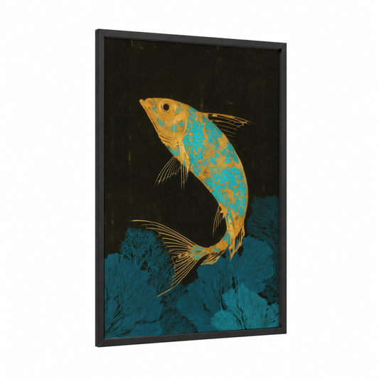 Golden Dragon Fish framed art print — black wood frame — gold and teal palette