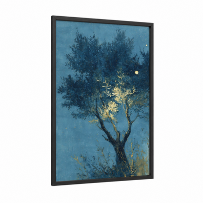 Golden Olive Tree framed art print — black wood frame — blue and gold palette