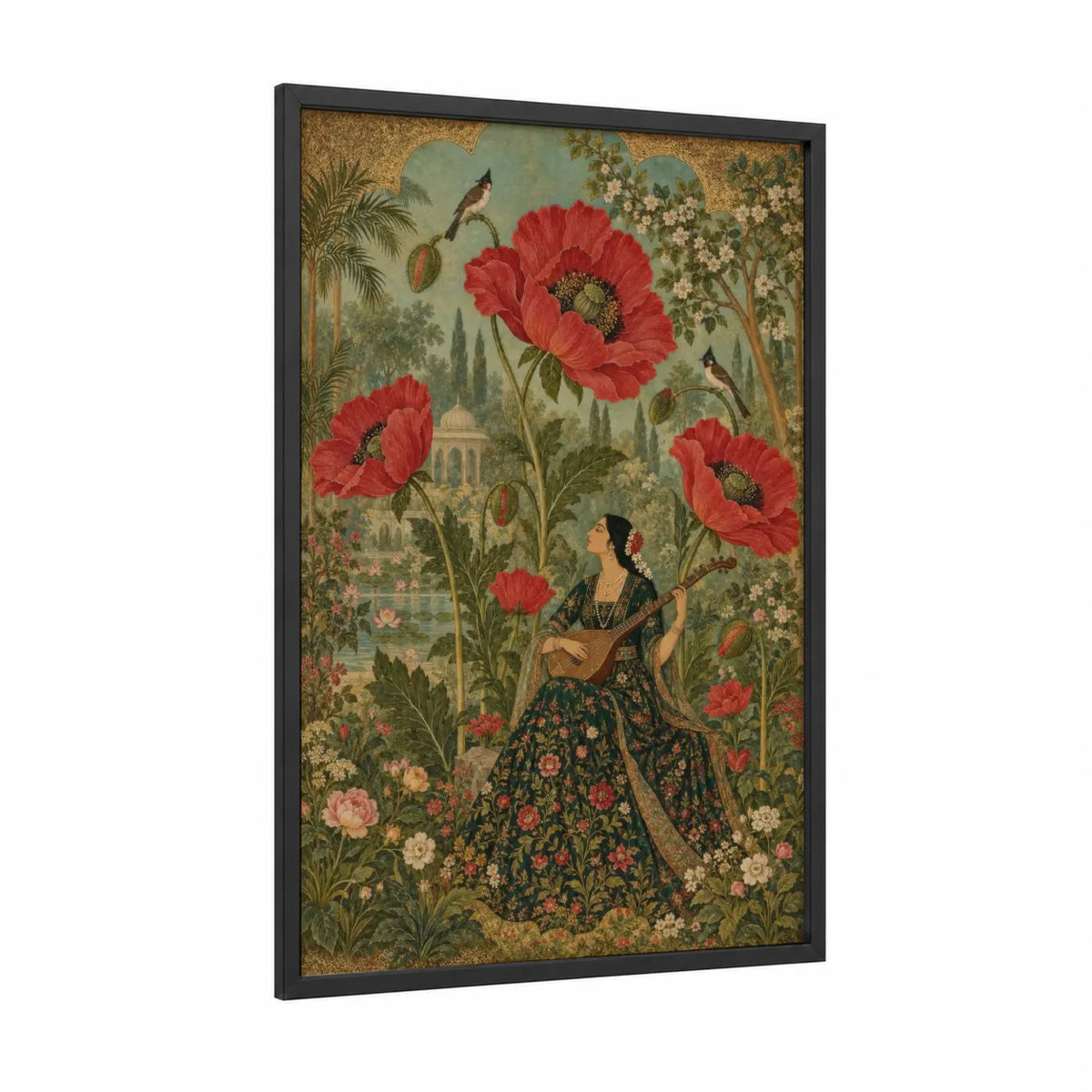 Persian Garden Poppies Wall Art framed art print — black wood frame — red and green palette