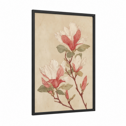 Blushing Magnolia framed art print — black wood frame — cream and rose gold palette