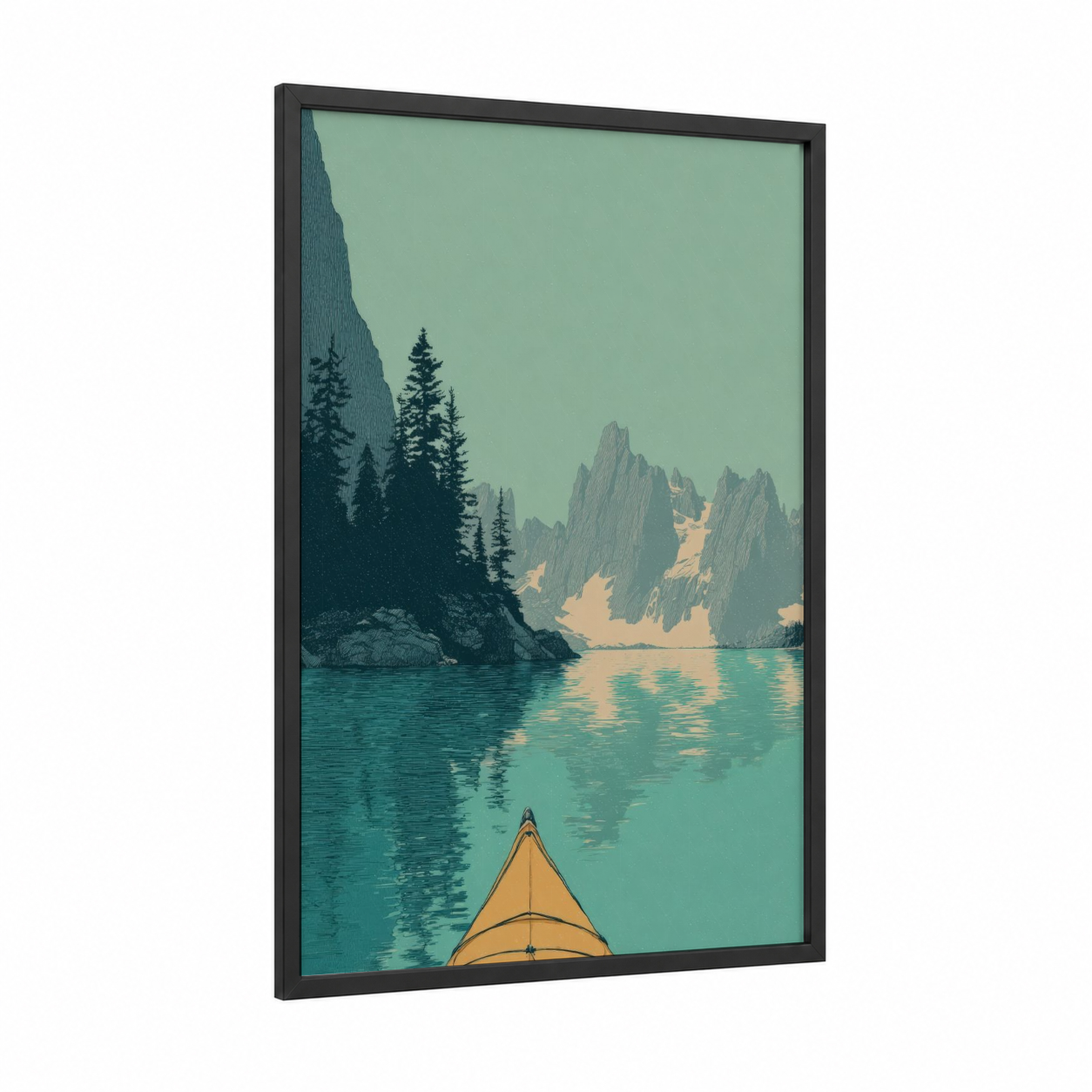 Alpine Lake Kayaking framed canoeing and kayaking print — black wood frame — teal and cream palette