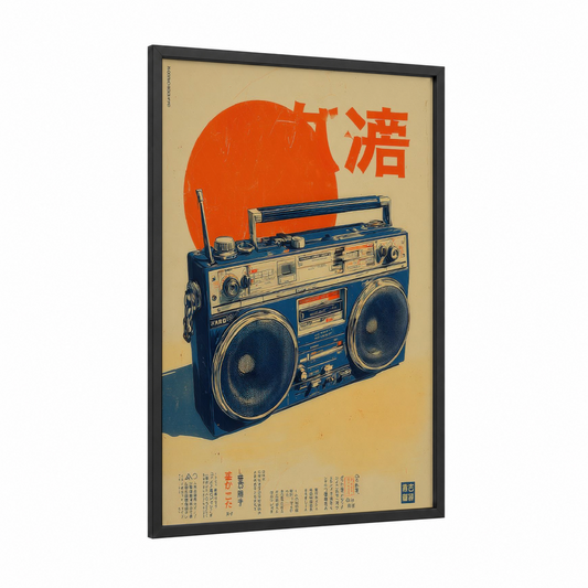 Retro Boombox framed vintage japanese ads print — black wood frame — orange and blue and gold palette