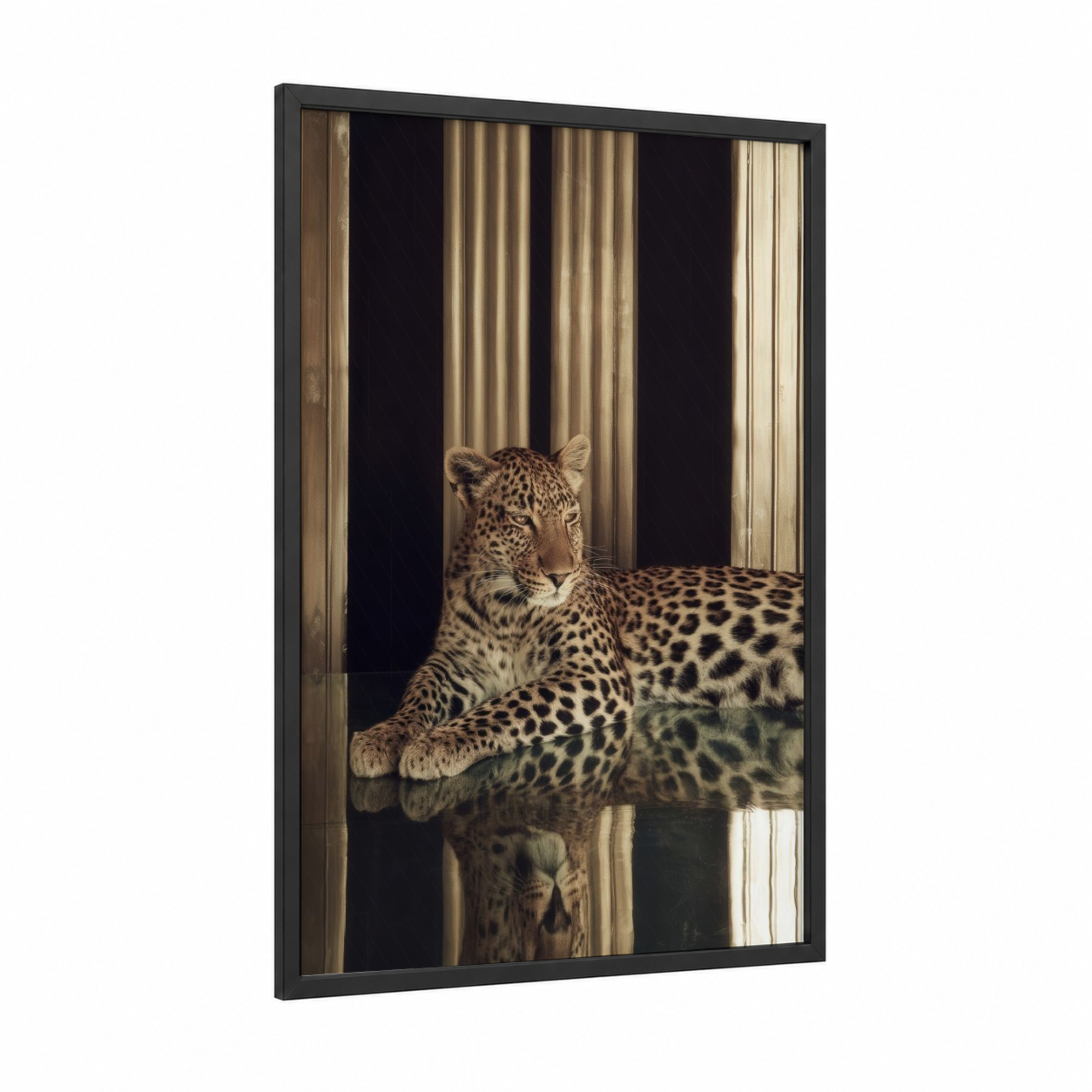 Resting Leopard framed art print — black wood frame — champagne gold and black palette