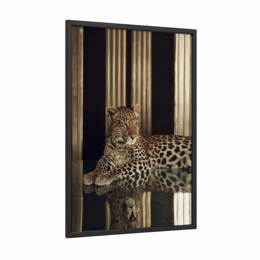 Resting Leopard framed art print — black wood frame — champagne gold and black palette
