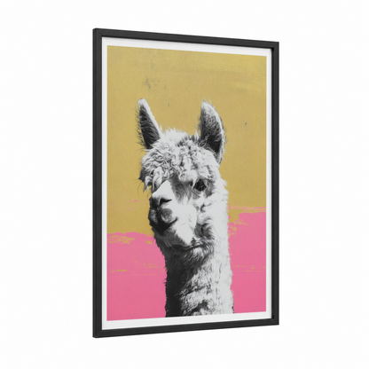 Quirky Alpaca Portrait framed art print — black wood frame — yellow gold and magenta palette