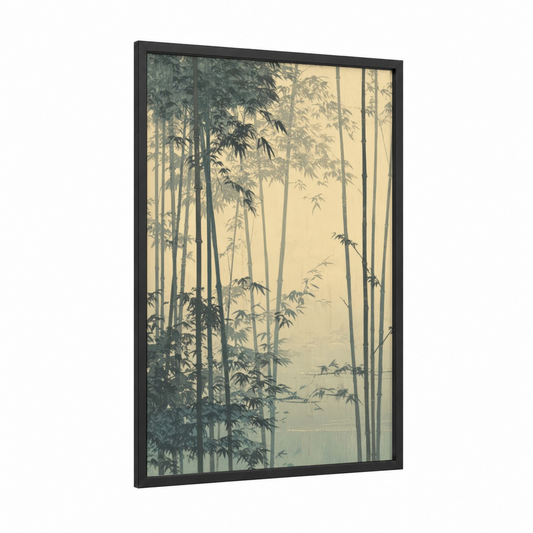 Misty Bamboo Grove framed bamboo jungle print — black wood frame — sage green and gray palette