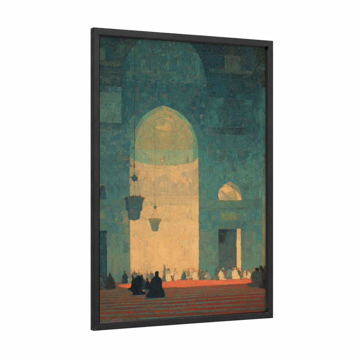 Golden Mosque Interior framed art print — black wood frame — gold and teal palette