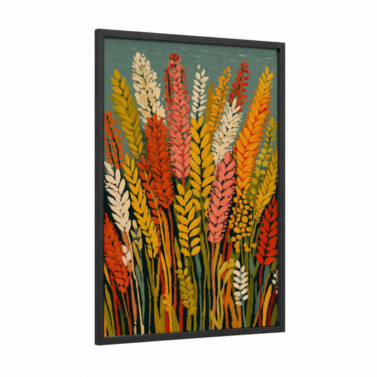Autumn Grain Field framed art print — black wood frame — yellow gold and red palette
