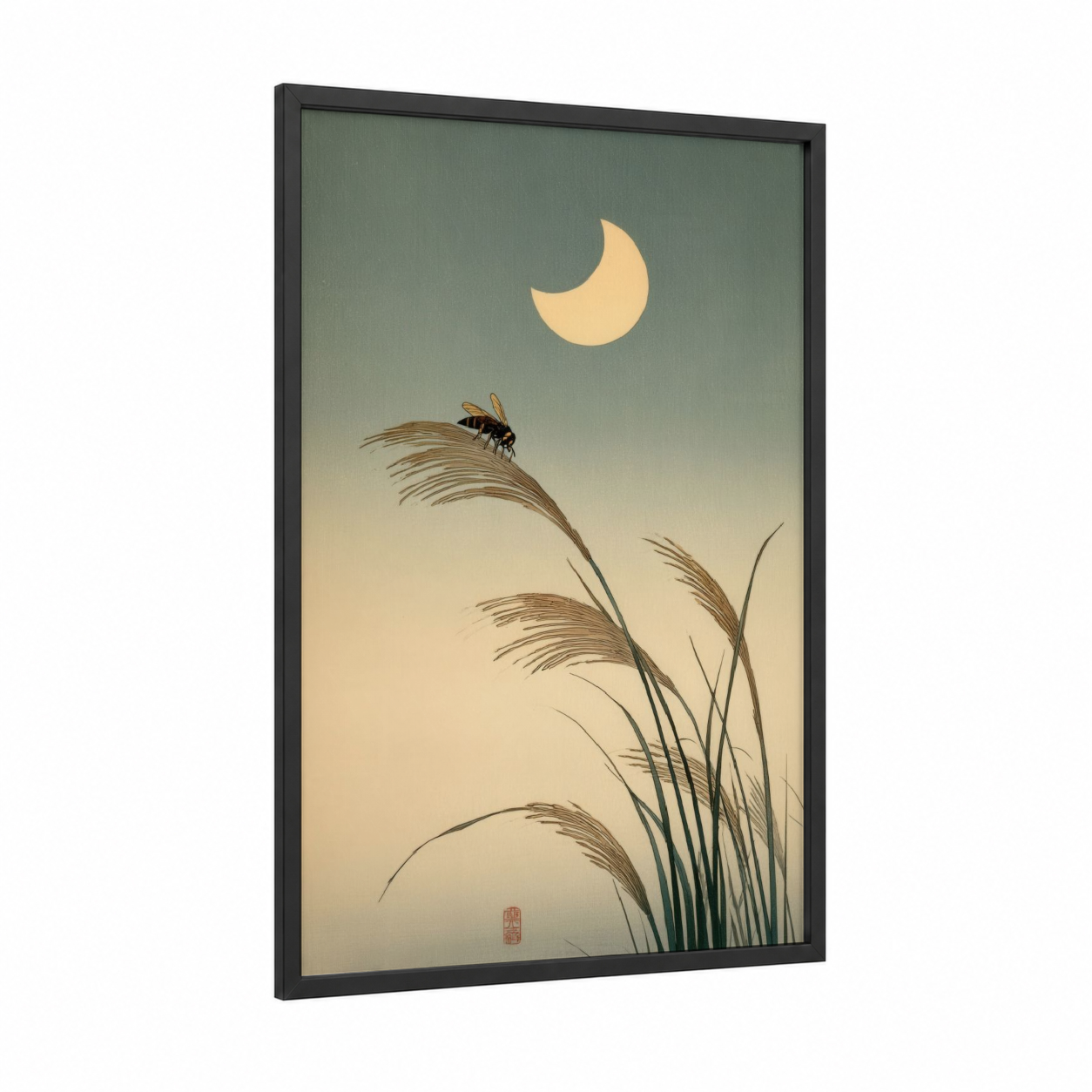 Moonlit Wasp framed art print — black wood frame — cream and sage green palette
