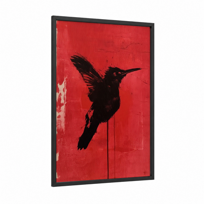 Crimson Hummingbird framed art print — black wood frame — red and black palette