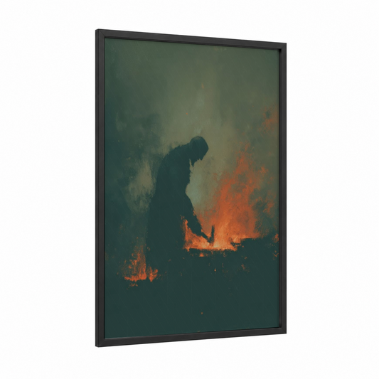 Fire Orc Warrior framed art print — black wood frame — dark green and orange palette