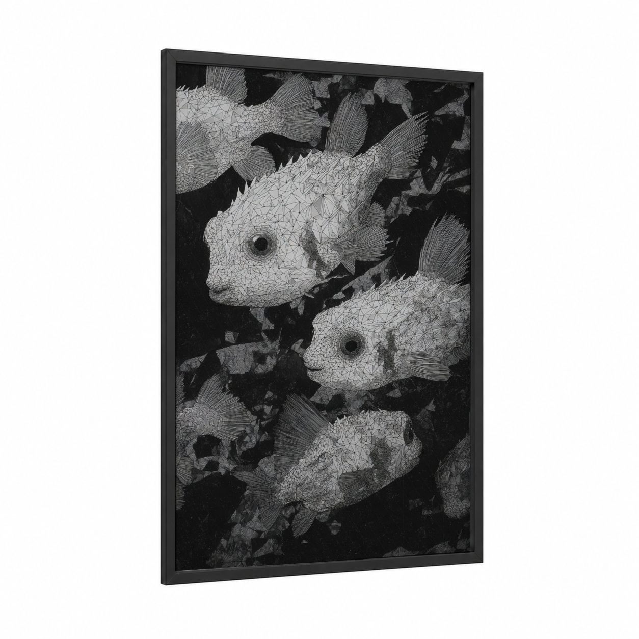 Geometric Puffer Fish framed art print — black wood frame — black and white palette