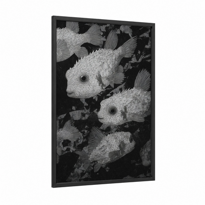 Geometric Puffer Fish framed art print — black wood frame — black and white palette