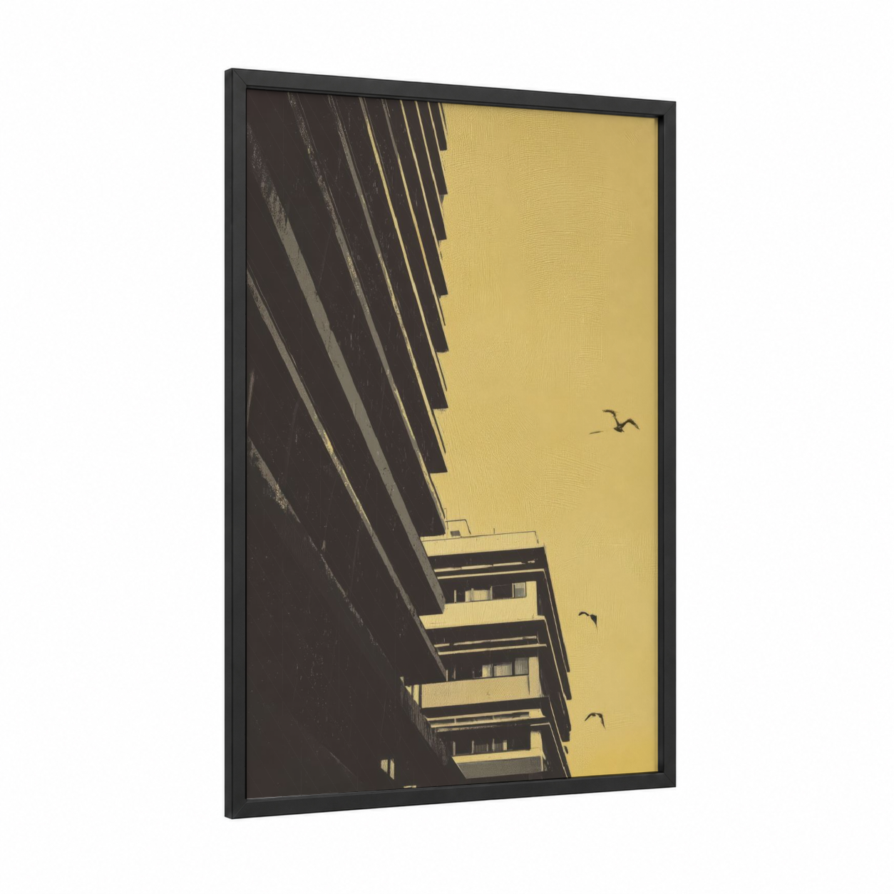 Golden Brutalism framed abstract architecture print — black wood frame — yellow gold and black palette