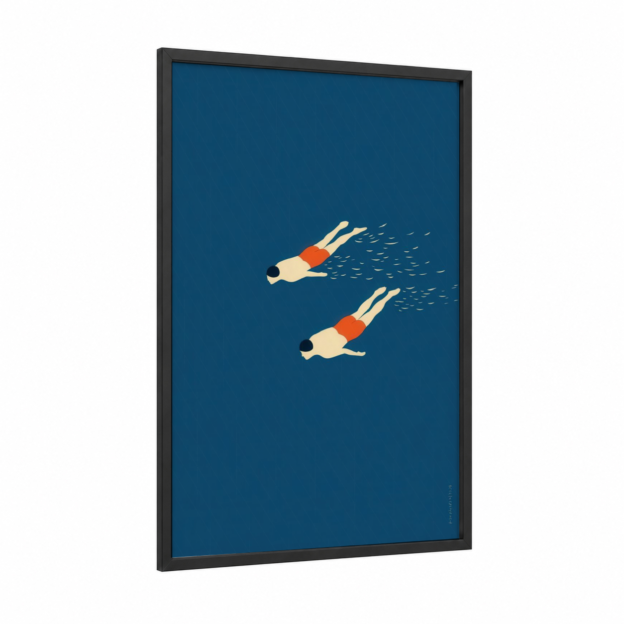 Synchronized Swimmers framed swimming print — black wood frame — blue and orange palette