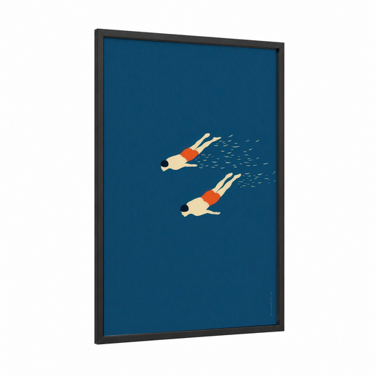 Synchronized Swimmers framed swimming print — black wood frame — blue and orange palette