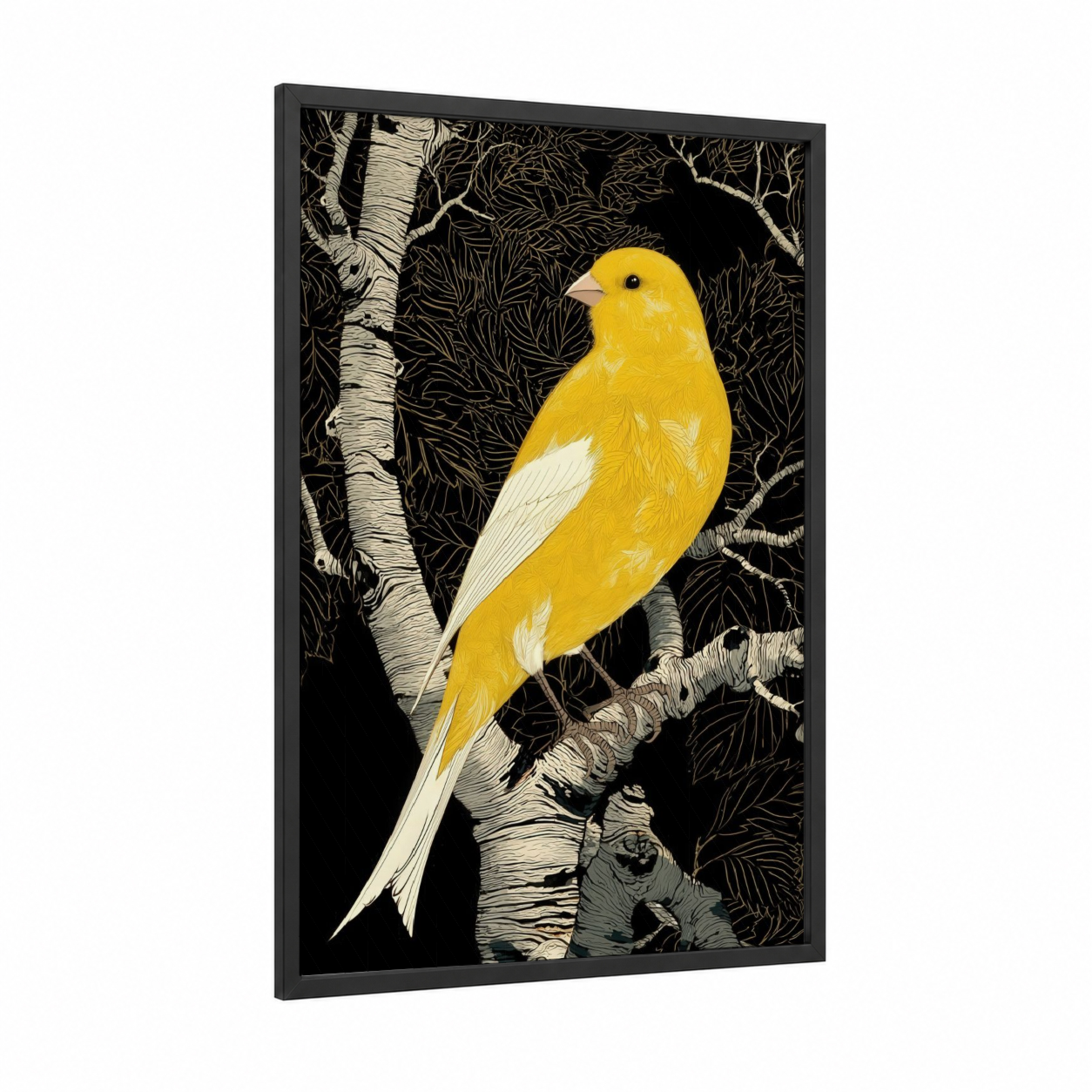 Golden Canary framed canaries print — black wood frame — yellow gold and black and white palette