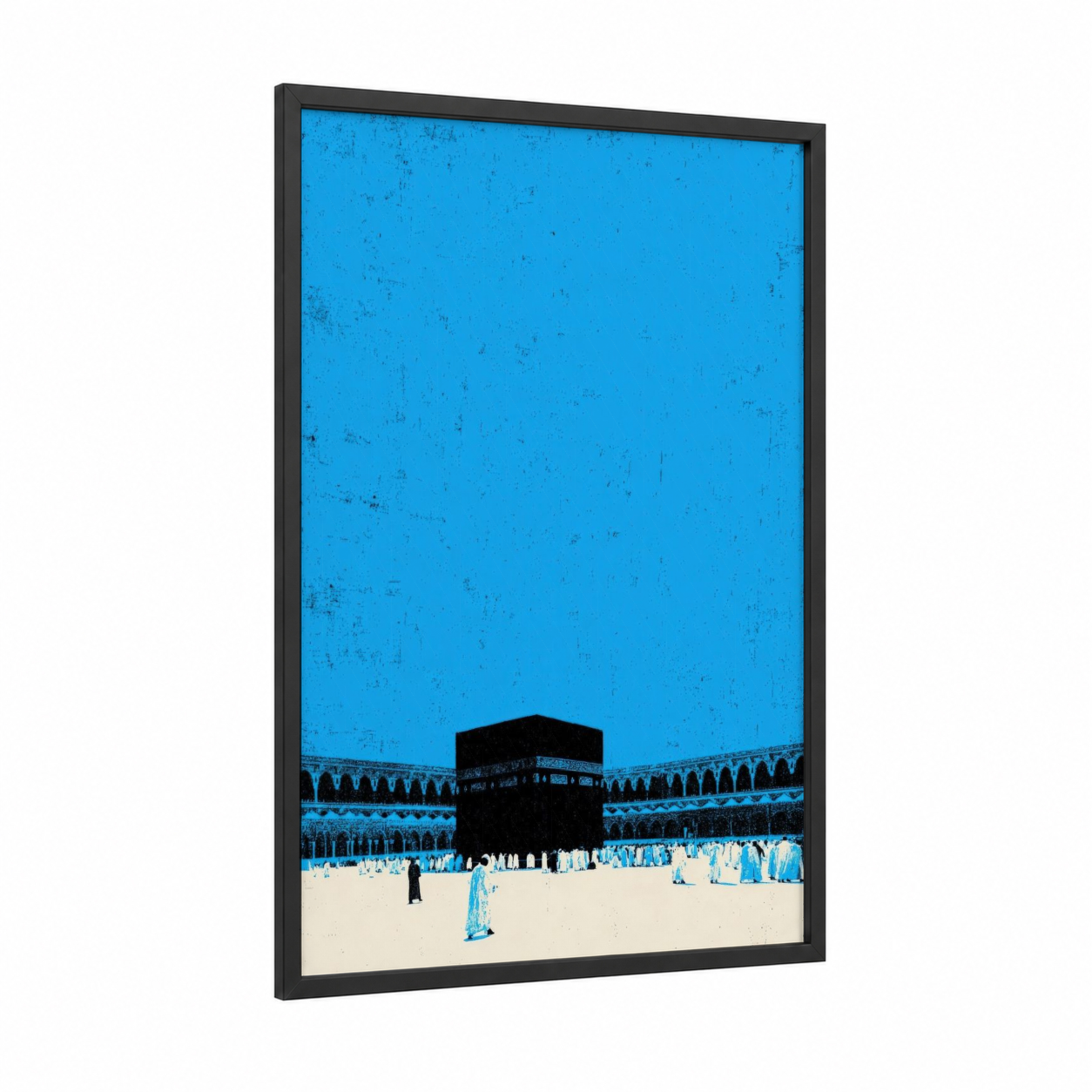 Masjid al-Haram Pilgrimage framed masjid al haram print — black wood frame — blue and black and white palette