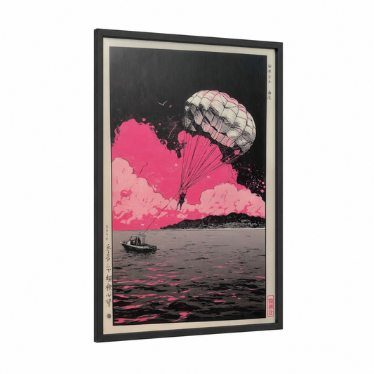 Neon Parasail framed parasailing print — black wood frame — magenta and black palette