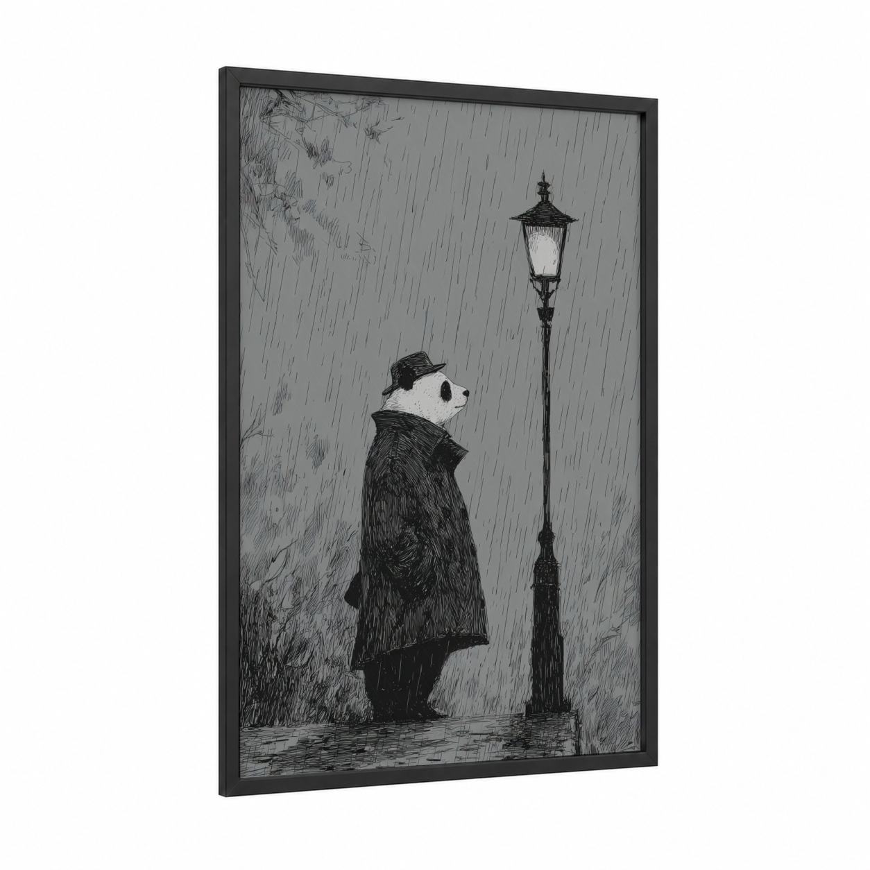 Rainy Contemplation Panda framed art print — black wood frame — black and white and gray palette