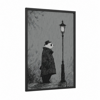 Rainy Contemplation Panda framed art print — black wood frame — black and white and gray palette