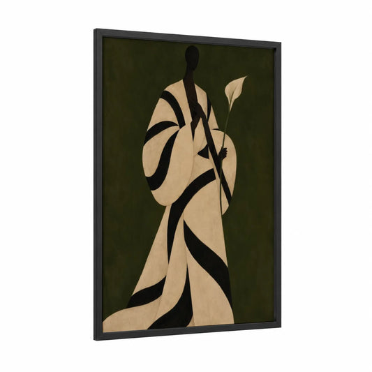 Minimalist Figure With Lily Wall Art framed art print — black wood frame — olive and beige palette