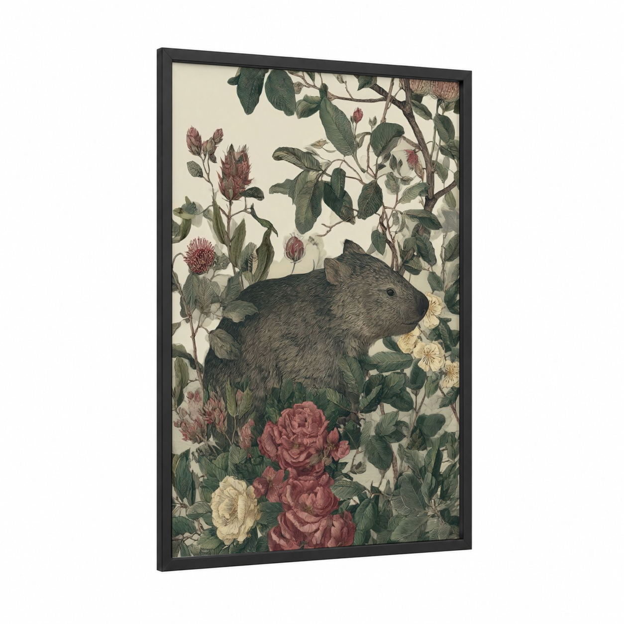 Garden Wombat framed art print — black wood frame — sage green and rose gold palette