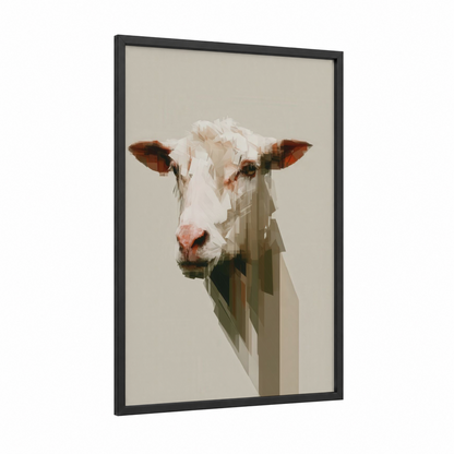 Geometric Sheep framed art print — black wood frame — beige and brown palette