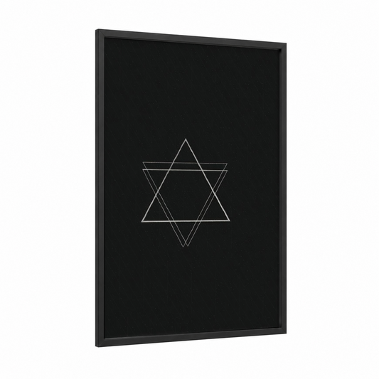 Star of David framed judaism print — black wood frame — black and white palette